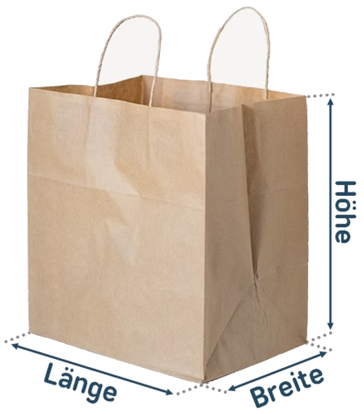 Papierkordeltasche mit Maßangaben Länge, Breite und Höhe